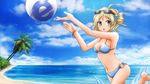  ahoge aizawa_inori ball barefoot beach bikini bracelet breasts cloud collateral_damage_studios commentary day drill_hair english_commentary eyewear_on_head green_eyes greenteaneko hair_ornament highres internet_explorer jewelry medium_breasts navel o-ring o-ring_bottom ocean official_art open_mouth os-tan outdoors palm_tree personification side_ponytail sky solo sunglasses swimsuit tree wallpaper water 