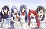  4girls ahoge alternate_costume apron bad_id bad_pixiv_id bare_shoulders black_hair blue_hair breasts brown_eyes clock_eyes crossdressing date_a_live doughnut dress elbow_gloves food gloves heterochromia itsuka_kotori itsuka_shidou itsuka_shiori izayoi_miku konka long_hair looking_at_viewer maid maid_apron maid_headdress medium_breasts mouth_hold multiple_girls one_eye_closed open_mouth otoko_no_ko purple_eyes purple_hair red_eyes red_hair smile symbol-shaped_pupils tokisaki_kurumi twintails yatogami_tooka yellow_eyes 