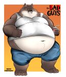  2022 absurd_res anthro belly big_belly black_nose bodily_fluids bottomwear brown_body canid canine canis clothing dreamworks eddiefragoso hi_res humanoid_hands male mammal mr._wolf_(the_bad_guys) obese obese_male overweight overweight_male shirt shorts sitting solo sweat the_bad_guys topwear wolf 