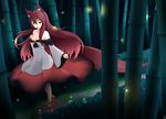  :d animal_ears bamboo bamboo_forest bare_shoulders breasts brown_hair cleavage dress fang forest frilled_sleeves frills highres imaizumi_kagerou inyuppo light_particles medium_breasts nature open_mouth red_eyes smile tail touhou wolf_ears wolf_tail 