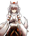  animal_ears bridal_gauntlets detached_sleeves fangs hat highres inubashiri_momiji inyuppo short_hair silver_hair sketch spell_card tail tokin_hat touhou wolf_ears wolf_tail 