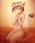  anthro bed blush clothed clothing feline girly hair half-dressed lion mammal nurinaki orange_eyes sitting skimpy smile solo suggestive 