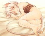  after_sex animal_ears animal_tail barefoot bottomless cum cum_in_pussy cum_inside female grey_hair hair human looking_at_viewer mammal red_eyes smile soles sweat 