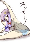  alternate_eye_color arm_up armpits ass bare_legs barefoot black_eyes blue_panties blush_stickers breasts double_bun exercise from_behind hat long_hair looking_at_viewer looking_back medium_breasts mob_cap panties patchouli_knowledge plump purple_hair see-through smile solo spread_legs stretch thighs touhou underwear zannen_na_hito 