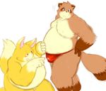  armadirou blue_eyes blush chubby clothing duo fundoshi fur gay grin hand_on_belly hand_on_butt kemono male overweight plain_background sketch standing tanuki topless underwear white_background yellow_fur 