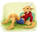  anthro barefoot bed blush bulge clothed clothing dragon horn invalid_tag lying male naughty_face nurinaki on_back red_eyes shorts solo suggestive sweatshirt 