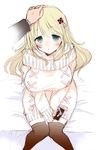  alternate_costume atago_(kantai_collection) black_legwear blonde_hair blush breasts green_eyes hair_ornament kantai_collection large_breasts long_hair looking_at_viewer mozuya_murasaki simple_background sitting solo_focus sweater thighhighs white_background zettai_ryouiki 