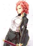  akuma_no_riddle backlighting breasts buttons coat collarbone medium_breasts namatame_chitaru necktie packge parted_lips red_eyes red_hair short_hair solo sword trench_coat weapon white_background 