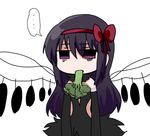  1girl akemi_homura akuma_homura bags_under_eyes bare_shoulders black_gloves black_hair black_wings bow broccoli choker dress eating elbow_gloves feathered_wings gloves hair_bow long_hair mahou_shoujo_madoka_magica mahou_shoujo_madoka_magica_movie nura_(oaaaaaa) purple_eyes simple_background solo speech_bubble spoilers spoken_ellipsis white_background wings 