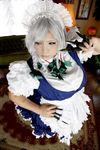  apron big_breasts blue_eyes braid breasts chouzuki_maryou cosplay izayoi_sakuya izayoi_sakuya_(cosplay) knife large_breasts maid maid_apron maid_headdress photo plump short_hair short_sleeves silver_hair solo touhou twin_braids weapon 