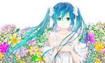  aqua_hair closed_mouth collarbone dress field flower flower_field green_eyes grin hands_on_own_chest hatsune_miku long_hair looking_at_viewer mariwai_(marireroy) smile solo twintails upper_body very_long_hair vocaloid white_dress 