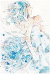  alternate_costume bare_back bare_shoulders blue_eyes blue_flower blue_hair blue_rose dress flower gloves hair_flower hair_ornament highres looking_at_viewer looking_back mahou_shoujo_madoka_magica miki_sayaka mok1e rose short_hair simple_background smile solo wedding_dress white_gloves 