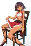  bandeau bare_shoulders blue_eyes bracelet dark_skin earrings fushigi_no_umi_no_nadia hair_ornament hairclip highres hoop_earrings jewelry loincloth midriff nadia neck_ring necklace nyoro_(nyoronyoro000) pelvic_curtain purple_hair short_hair skirt skirt_hold smile solo strapless vest 