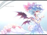  alternate_costume bat_wings blue_background blue_hair bow breasts character_name cleavage dress frilled_dress frills gradient gradient_background hat hat_bow jewelry looking_at_viewer maryquant mob_cap necklace pointy_ears red_eyes remilia_scarlet simple_background sleeveless sleeveless_dress small_breasts solo touhou white_dress wings 