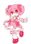  :&gt; bow bubble_skirt choker cross-laced_footwear gloves hair_bow hand_on_own_face kaname_madoka kneehighs looking_at_viewer magical_girl mahou_shoujo_madoka_magica nura_(oaaaaaa) pink_eyes pink_hair short_twintails simple_background skirt solo twintails white_background white_gloves white_legwear 