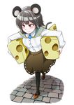  alternate_costume animal_ears black_legwear blush carrying_under_arm cheese food full_body grey_hair highres mary_janes mouse_ears mouse_tail nazrin pantyhose pavement red_eyes running shoes short_hair simple_background skirt smile solo swiss_cheese tail touhou white_background 