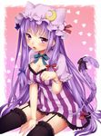  animal_ears black_legwear blush bow breasts cat_ears cat_tail cleavage fang garter_straps hat highres kemonomimi_mode large_breasts long_hair looking_at_viewer nanamiya patchouli_knowledge paw_pose purple_eyes purple_hair sitting solo tail thighhighs touhou very_long_hair 