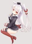  amatsukaze_(kantai_collection) ass blush brown_eyes dress garter_straps kantai_collection kuroki_mashiro long_hair sailor_dress short_dress silver_hair sitting solo striped striped_legwear thighhighs two_side_up wariza 