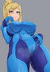  :&lt; absurdres after_masturbation blonde_hair blue_eyes bodysuit breasts cameltoe grey_background highres huge_breasts long_hair looking_at_viewer looking_down metroid minakami_(flyingman555) pussy_juice samus_aran simple_background solo zero_suit 