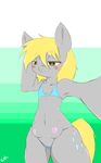  anthro anthrofied blonde_hair blush bra cold-blooded-twilight cutie_mark derpy_hooves_(mlp) equine eyelashes female friendship_is_magic grey_body hair half-closed_eyes horse looking_at_viewer mammal my_little_pony pony solo teats thong tongue underwear 