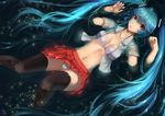  aqua_hair black_legwear bra collarbone dutch_angle expressionless hands_up hatsune_miku highres lace lace-trimmed_bra long_hair looking_at_viewer lying midriff navel on_back open_clothes open_shirt panties pantyshot partially_submerged red_skirt see-through shirt short_sleeves skirt solo thighhighs underwear upskirt vocaloid water wenhe wet wet_clothes white_bra white_panties white_shirt yellow_eyes 