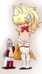  absurdres animal_ears belly blonde_hair blue_eyes boots bow bow_panties bra busou_shinki character_request cosplay doll_joints elbow_gloves fox_ears fox_tail gauntlets giantess gloves grey_hair hair_over_eyes height_difference highres kuromaru-4321 long_hair minigirl multiple_girls panties ponytail renge_(busou_shinki) tail thighhighs underwear underwear_only white_bra white_panties 