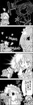  4koma ^_^ alternate_costume ascot black_background blood blush braid carrying closed_eyes comic commentary crib greyscale hair_ribbon hat heart highres izayoi_sakuya long_hair maid maid_headdress monochrome multiple_girls nosebleed open_mouth pajamas remilia_scarlet ribbon short_hair simple_background smile sweat tani_takeshi time_stop tissue touhou translated twin_braids walking yukkuri_shiteitte_ne 