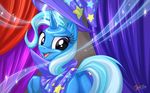 blue_fur blue_hair cape curtains equine female friendship_is_magic fur hair hat horn looking_at_viewer looking_back mammal my_little_pony mysticalpha open_mouth purple_eyes solo trixie_(mlp) two_tone_hair unicorn 
