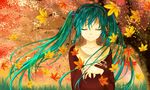  aqua_hair autumn autumn_leaves closed_eyes collarbone facing_viewer flower hands_on_own_chest hatsune_miku holding holding_flower long_hair long_sleeves mariwai_(marireroy) parted_lips solo tree twintails upper_body very_long_hair vocaloid 