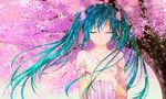  aqua_hair cherry_blossoms closed_eyes collarbone facing_viewer flower hands_on_own_chest hatsune_miku holding holding_flower long_hair long_sleeves mariwai_(marireroy) parted_lips solo spring_(season) tree twintails upper_body very_long_hair vocaloid 