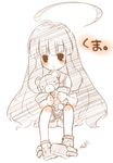  ahoge blush brown_eyes brown_hair chibi kantai_collection kuma_(kantai_collection) long_hair monochrome school_uniform serafuku spot_color stuffed_animal stuffed_toy teddy_bear 