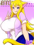  1girl agawa_ryou animal_ears blonde_hair blue_eyes breasts cat_ears cat_tail erect_nipples female huge_breasts long_hair shirt skirt solo standing tail tongue v 