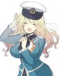  :d ^_^ alternate_headwear atago_(kantai_collection) blonde_hair blush breasts closed_eyes cowboy_shot hat kantai_collection large_breasts long_hair mozuya_murasaki open_mouth peaked_cap simple_background smile solo white_background 