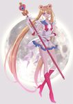  absurdly_long_hair back_bow bishoujo_senshi_sailor_moon blonde_hair blue_eyes blue_sailor_collar boots bow choker crystal double_bun elbow_gloves full_body full_moon gloves hair_ornament hairclip heart heart_choker high_heels highres holding holding_staff knee_boots light_smile long_hair long_legs moon multicolored multicolored_clothes multicolored_skirt red_bow red_footwear sailor_collar sailor_moon sailor_senshi_uniform sera_(pb2sera) skirt smile solo spiral_heart_moon_rod staff super_sailor_moon tsukino_usagi twintails very_long_hair walking white_gloves 