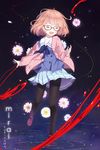  bad_id bad_pixiv_id black_legwear blood bob_cut brown_hair cardigan closed_eyes glasses hemokinesis highres hitsukuya kuriyama_mirai kyoukai_no_kanata open_mouth pantyhose pink_hair red-framed_eyewear school_uniform serafuku short_hair solo 