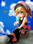  aircraft airplane black_legwear blonde_hair bow duel_monster food gagaga_sister gloves goblindbergh green_eyes hat heat highres omega_na_hito open_mouth popsicle simple_background sitting skirt skull sweat thighhighs white_gloves yuu-gi-ou 