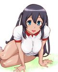  :d alternate_costume black_hair blue_eyes blush breasts buruma captain_earth dark_skin gym_uniform large_breasts long_hair mutou_hana open_mouth sitting smile solo two_side_up ueyama_michirou yokozuwari 