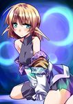  aqua_eyes bare_shoulders blonde_hair hemogurobin_a1c long_pointy_ears looking_at_viewer mizuhashi_parsee off_shoulder pointy_ears short_hair sitting skirt solo touhou wariza 