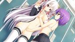  2girls breast_grab breasts dutch_angle fingering game_cg grabbing locker lockers multiple_girls no_bra no_panties open_clothes open_shirt purple_hair pussy_juice shirogane_otome shirt skirt thighhighs white_hair yuri 