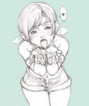  after_fellatio bad_id bad_pixiv_id blush cum cum_in_hands cum_in_mouth cupping_hands final_fantasy final_fantasy_vii fingerless_gloves gloves headband heart heavy_breathing maou_alba monochrome navel open_fly open_mouth short_hair shorts sketch solo spoken_heart tongue tongue_out unzipped yuffie_kisaragi 