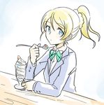  ayase_eli blonde_hair blue_eyes food ice_cream long_hair love_live! love_live!_school_idol_project otonokizaka_school_uniform pas_(paxiti) ponytail school_uniform sketch solo spoon sundae 