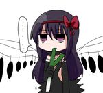  1girl akemi_homura akuma_homura bags_under_eyes bare_shoulders black_gloves black_hair black_wings bow choker dress eating elbow_gloves feathered_wings gloves hair_bow long_hair mahou_shoujo_madoka_magica mahou_shoujo_madoka_magica_movie nura_(oaaaaaa) purple_eyes simple_background solo speech_bubble spoilers spoken_ellipsis spring_onion white_background wings 