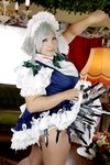  apron big_breasts blue_eyes braid breasts chouzuki_maryou cosplay izayoi_sakuya izayoi_sakuya_(cosplay) knife large_breasts maid maid_apron maid_headdress panties photo plump short_hair short_sleeves silver_hair solo touhou twin_braids underwear weapon 