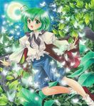  acrylic_paint_(medium) airbrush_(medium) ankle_socks antennae armband blouse bug butterfly cape crescent_moon flying green_eyes green_hair insect juliet_sleeves leaf long_sleeves looking_at_viewer marker_(medium) moon night open_mouth outdoors puffy_sleeves short_hair shorts sky solo star_(sky) starry_sky tegaki_no_yuu touhou traditional_media wriggle_nightbug 