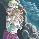  2girls arm_warmers blonde_hair carrying carrying_over_shoulder green_eyes horn hoshiguma_yuugi long_hair mizuhashi_parsee multiple_girls orange_eyes profitshame shirt short_hair short_sleeves shoulder_carry skirt t-shirt touhou 