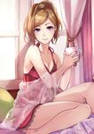  babydoll blonde_hair breasts cleavage cup kamon_(shinshin) lingerie medium_breasts mug original ponytail purple_eyes smile solo underwear 