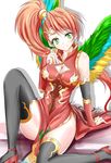 breasts chinese_clothes cleavage cleavage_cutout elbow_gloves gloves green_eyes leilan_(p&amp;d) long_hair medium_breasts minato_yoshihiro puzzle_&amp;_dragons red_hair side_ponytail sitting smile solo thighhighs wings 