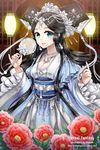  aqua_eyes artist_name belt black_hair earrings english flower gem hair_ornament jewelry lantern lipstick makeup mirror necklace original pearl_necklace peony_(flower) shainea smile solo sparkle water_drop watermark web_address wide_sleeves 