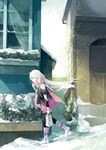  ayakii bag blue_eyes boots braid building ia_(vocaloid) long_hair off_shoulder plant plastic_bag scarf single_thighhigh skirt snow thigh_strap thighhighs vocaloid walking white_hair 