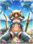 animal_ears armor bad_id bad_pixiv_id beach bikini bikini_armor blonde_hair blue_eyes breasts cameltoe cat_ears cat_tail chainmail clitoris cloud cloudy_sky covered_nipples day earrings emperpep erect_clitoris facial_mark final_fantasy final_fantasy_xiv flower gauntlets greaves highres horizon jewelry large_breasts miqo'te mountain navel ocean outdoors palm_tree sand seashell shell shield shoulder_armor side-tie_bikini sitting sky smile solo spaulders striped striped_bikini swimsuit sword tail tree twintails water weapon 